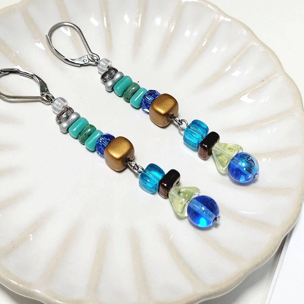 Blue Glass Leverback earrings handmade Secret Lore earrings  Earthy Boho B  689■